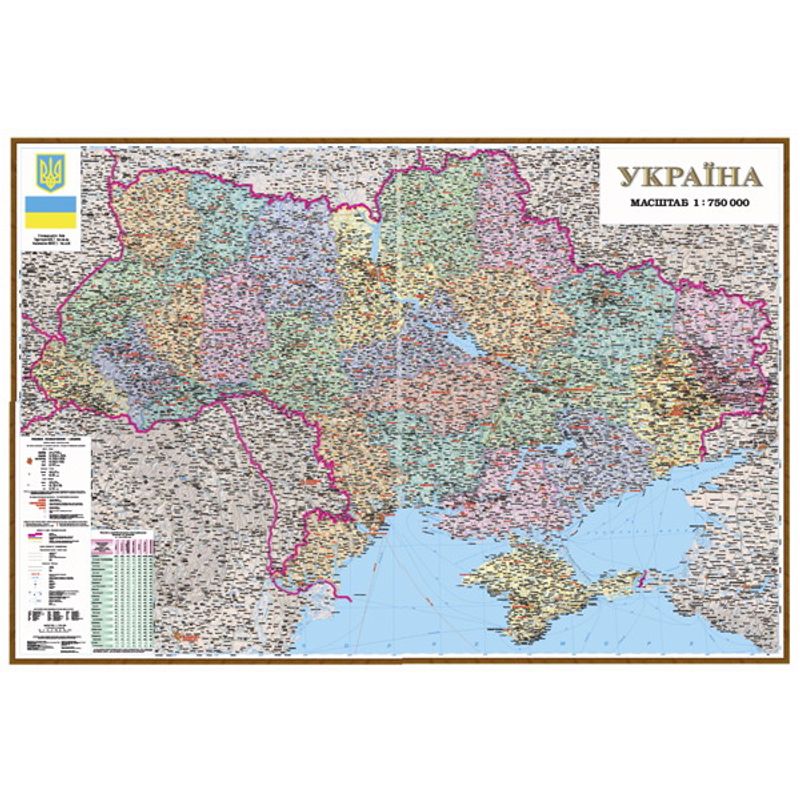 Карта Украины П/а 1:750 000, картон, на планках, 130х190