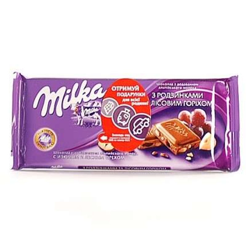 Шоколад Милка орехи + изюм 95г