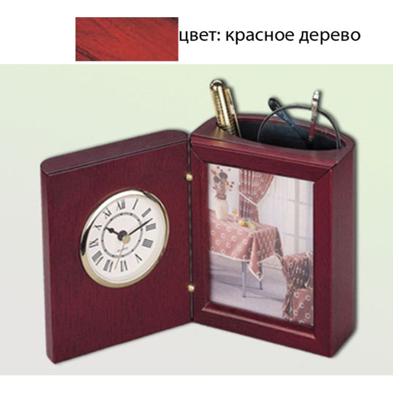 Прибор настольный с часами и фоторамкой (8х9,5 см), цвет: красное дерево