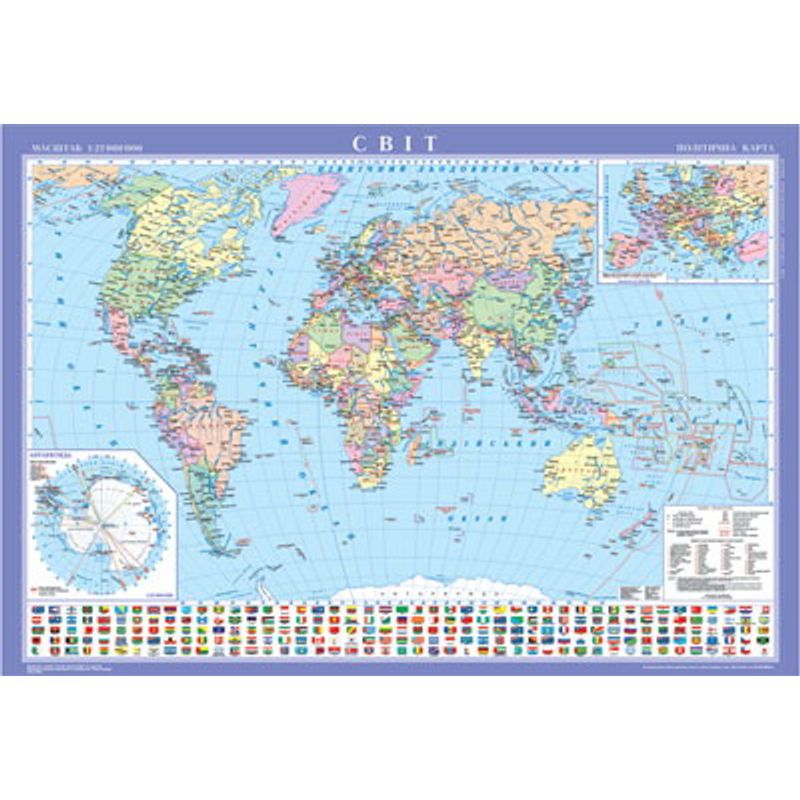 Карта мира политическая, 1:22000000, картон, на планках